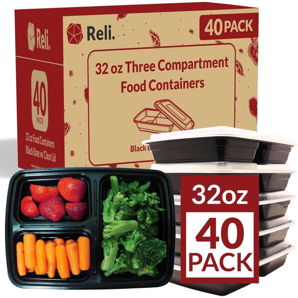 image:imageReli Meal Prep Containers 32 oz 40 Pack 3 Compartment Food Container wLids Microwavable Food Storage To Go Black Reusable Bento BoxLunch Box for Meal Prep