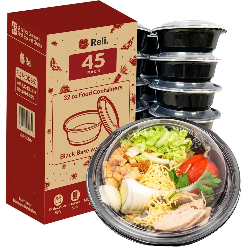 image:imageReli Meal Prep Containers 32 oz  45 Pack  Reusable Meal Prep BowlsFood Containers  Microwavable Bowls with Airtight Lids Black Food Storage