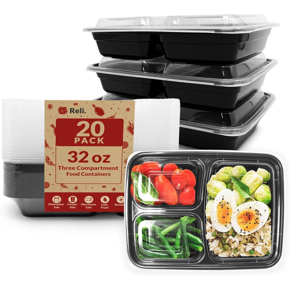 image:imageReli Meal Prep Containers 32 oz 20 Pack 3 Compartment Meal Prep Containers Reusable Microwave Safe Plastic Togo Box for Food Mealprep Box for Takeout To Go Leftover Food
