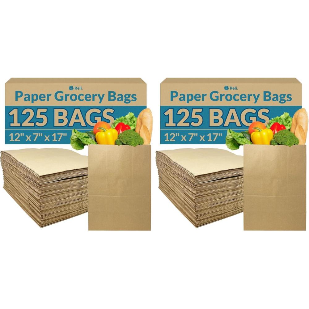image:imageReli Paper Grocery Bags 125 Pcs Bulk 12x7x17 70 Lbs Basis Extra Heavy Duty Brown Paper Bag Large Grocery Kraft Sacks Takeout Restaurant Retail Shopping12x7x17 250 Pack