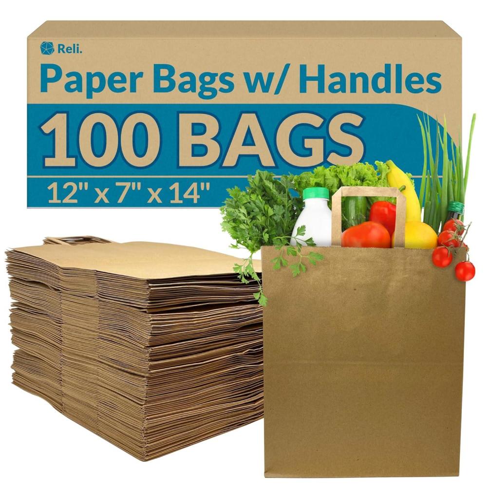image:imageReli Paper Grocery Bags wHandles 100 Pcs Bulk12x7x14 Large Paper Grocery Bags with Handles Heavy Duty 57 Lbs Basis Shopping TakeoutTo Go Retail BrownKraft