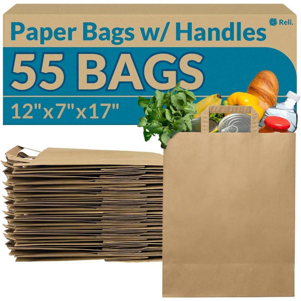 image:imageReli Paper Grocery Bags with Handles 55 Pcs Bulk 12x7x17 Kraft Brown Paper Bags Large Use for Grocery TakeOut Restaurant Retail Shopping
