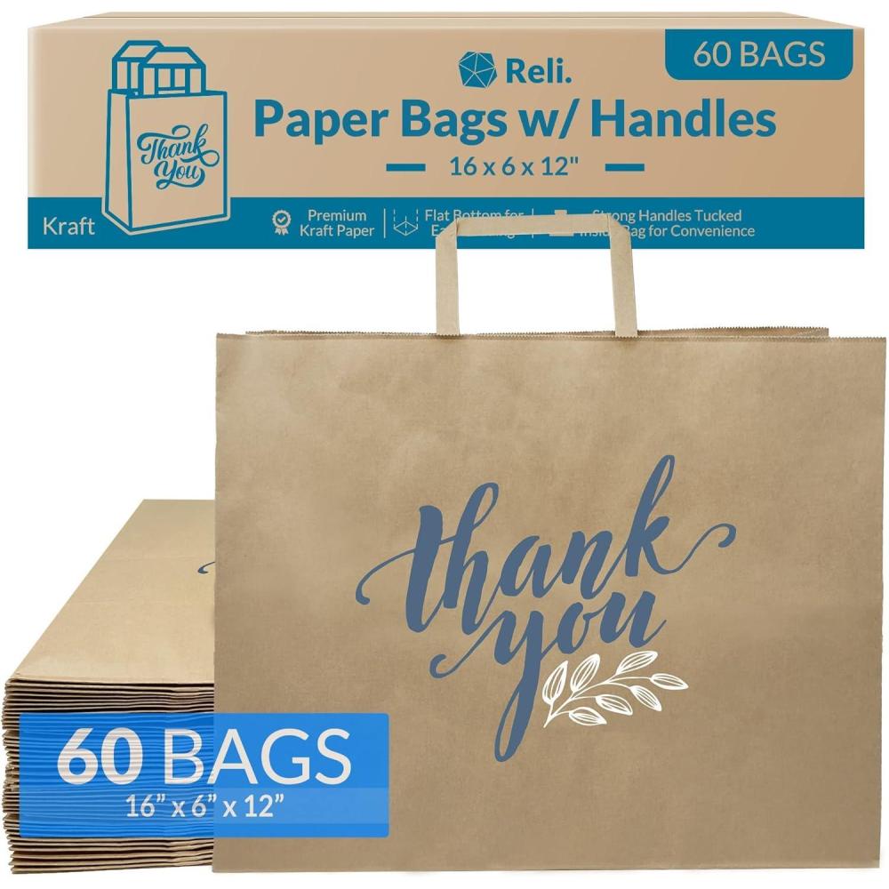 image:imageReli Paper Shopping Bags wHandles 60 Pcs Large 16x6x12 Kraft Brown Paper Bags with Handles Printed Thank You Large Take OutTo Go Retail Shopping Tote Restaurant Grocery