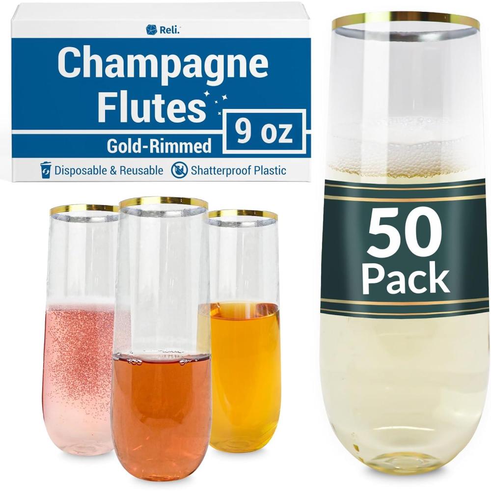 image:imageReli Plastic Champagne Flutes 50 Pack 9oz Clear wGold Rim Stemless  Disposable Champagne Flutes for Champagne Mimosa Cocktail Wedding  BPAFree Champagne Glasses Plastic Shatterproof