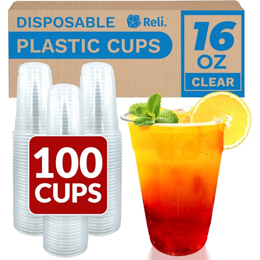 image:imageReli Plastic Cups 16 oz 100 Pack Clear Plastic Cups Disposable PET Clear Disposable Bulk 16oz PET Drinking Containers for Party Iced Coffee Cold Drinks Smoothies To Go