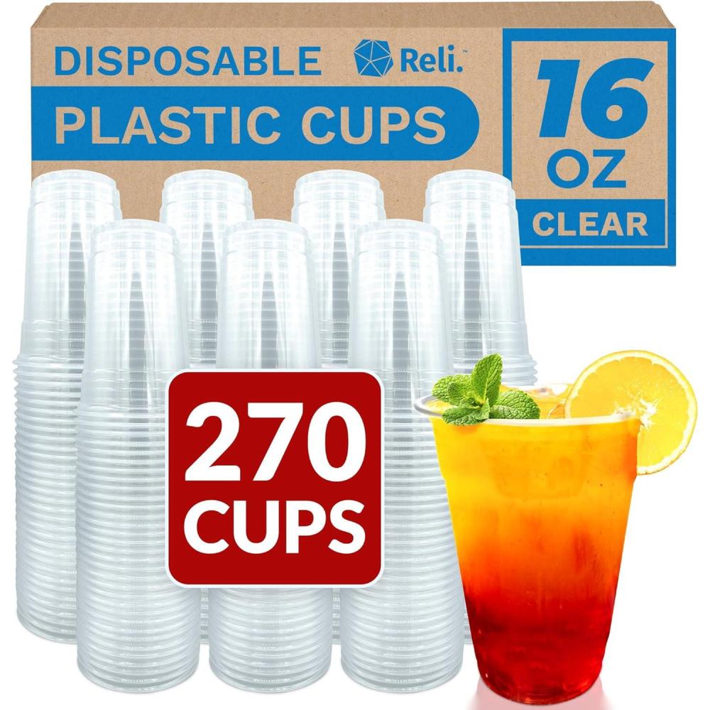 image:imageReli Plastic Cups 16 oz 270 Pack Clear Plastic Cups Disposable PET Clear Disposable Bulk 16oz PET Drinking Containers for Party Iced Coffee Cold Drinks Smoothies To Go