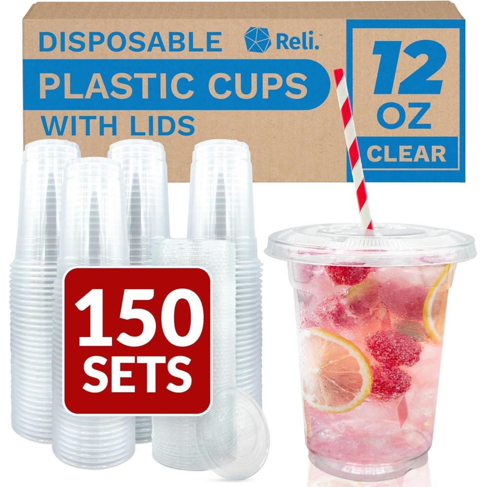 image:imageReli Plastic Cups with Lids 12 oz 150 Sets  Clear Plastic Cups with Lids  Clear Disposable PET Bulk  12 oz PET Container with Flat Tops for Desserts Iced Coffee Smoothies To Go Drinks