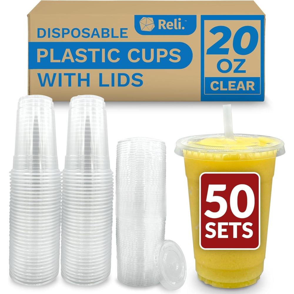 image:imageReli Plastic Cups with Lids 20 oz 50 Sets Clear Plastic Cups with Lids To Go Leak Proof Use for Smoothies Iced Coffee