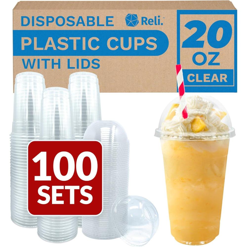 image:imageReli Plastic Cups with Lids 20 oz 100 Sets  Clear Plastic Cups with Dome Lids  20 oz PET Clear Disposable Bulk  PET Containers for Party Iced Coffee Smoothies To Go Drinks