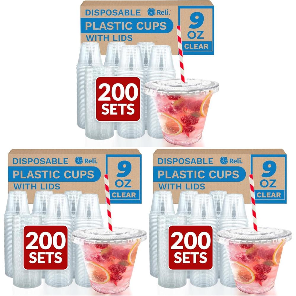 image:imageReli Plastic Cups with Lids 9 oz 200 Sets Clear Plastic Cups with Lids 9 oz Disposable PET Bulk PET Container Clear with Flat Tops for Party Desserts Coffee To Go Drinks9 oz Pack of 3