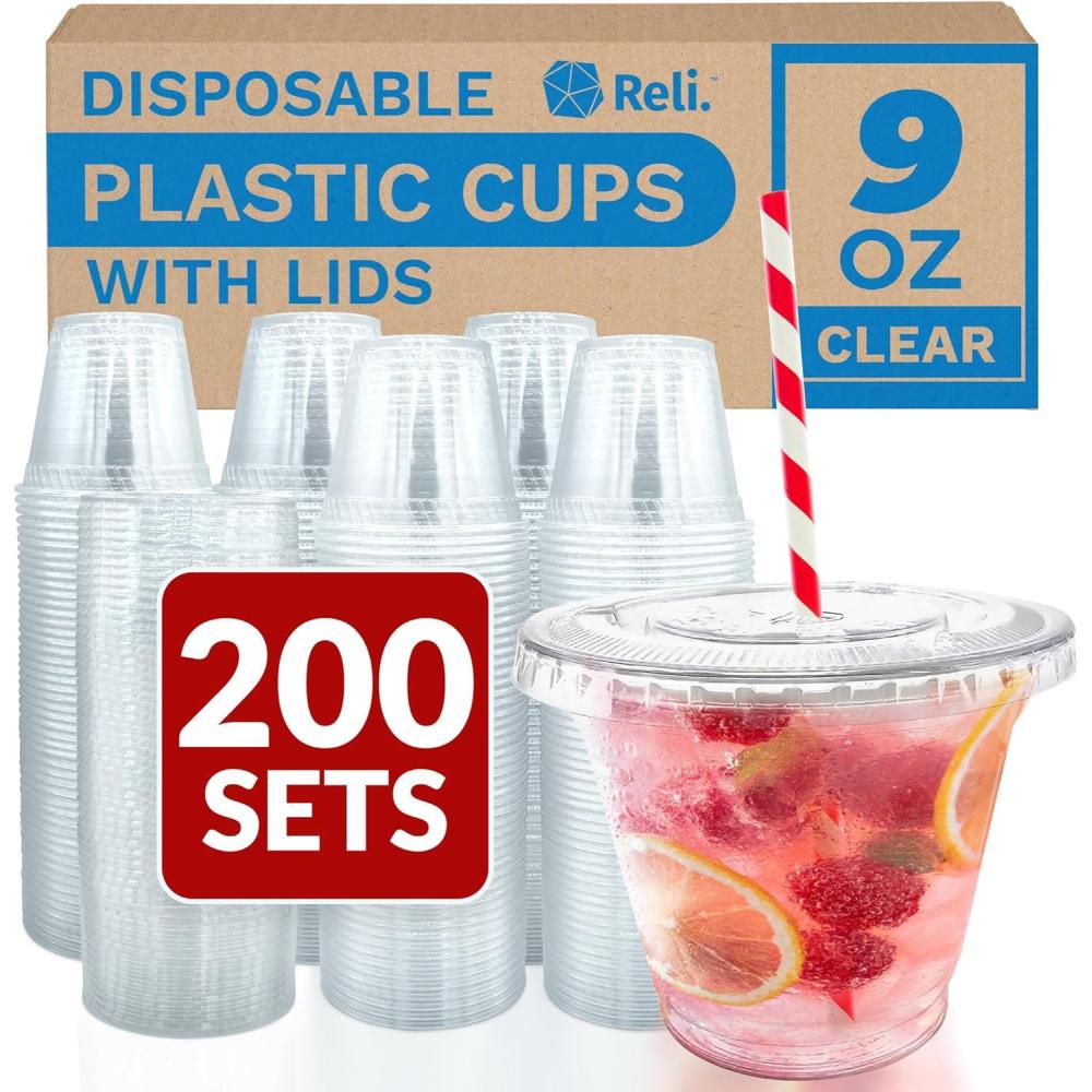 image:imageReli Plastic Cups with Lids 9 oz 200 Sets Clear Plastic Cups with Lids 9 oz Disposable PET Bulk PET Container Clear with Flat Tops for Party Desserts Coffee To Go Drinks9 oz