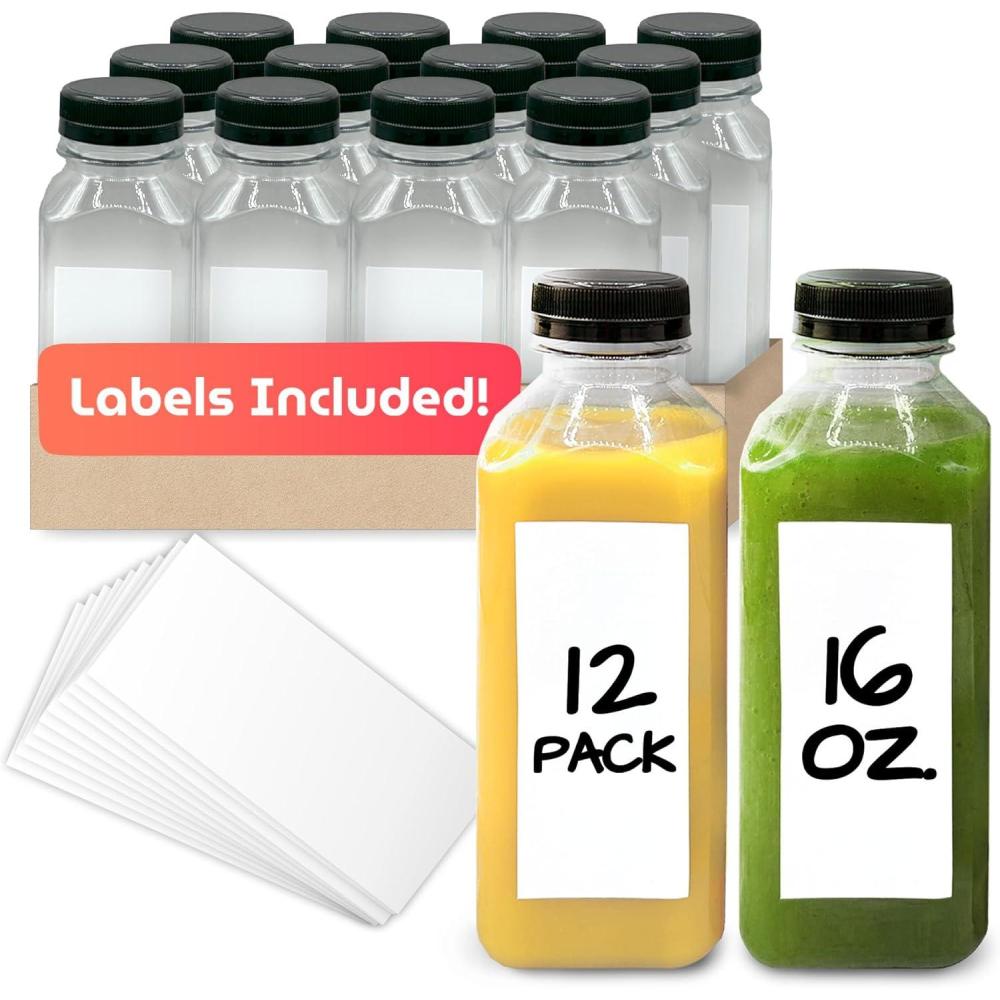 image:imageReli Plastic Juice Bottles 12 Pack 16 oz Square 16 oz Plastic Bottles with Caps amp Sticker Labels Clear Empty for Drinks 16oz Disposable Reusable Containers for Juicing Smoothies