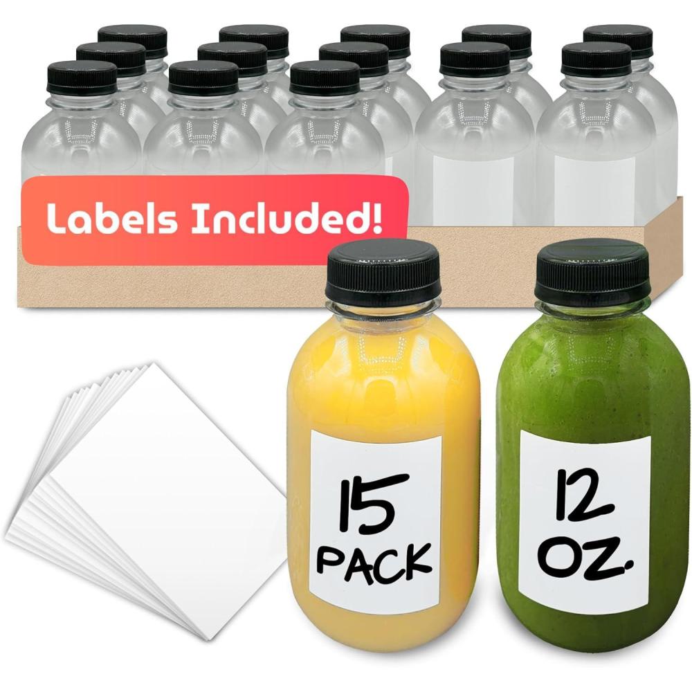 image:imageReli Plastic Juice Bottles 15 Pack 12 oz Round Plastic Juice Bottles with Caps amp Sticker Labels Clear Empty for Juicing 12oz Disposable Reusable Containers for Juicing Smoothies