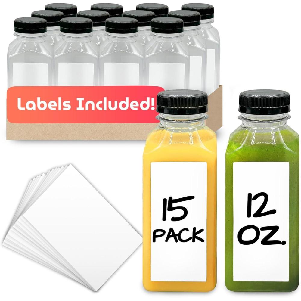 image:imageReli Plastic Juice Bottles 15 Pack 12 oz Square Plastic Juice Bottles with Caps amp Sticker Labels Clear Empty for Juicing 12oz Disposable Reusable Containers for Juicing Smoothies