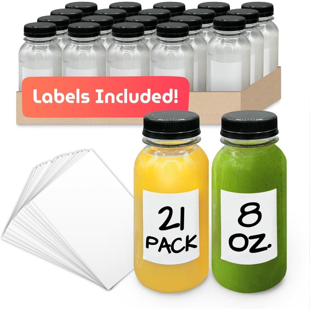 image:imageReli Plastic Juice Bottles 21 Pack 8 oz Round Plastic Juice Bottles with Caps amp Sticker Labels Clear Empty for Juicing 8oz Disposable Reusable Containers for Juicing Smoothies