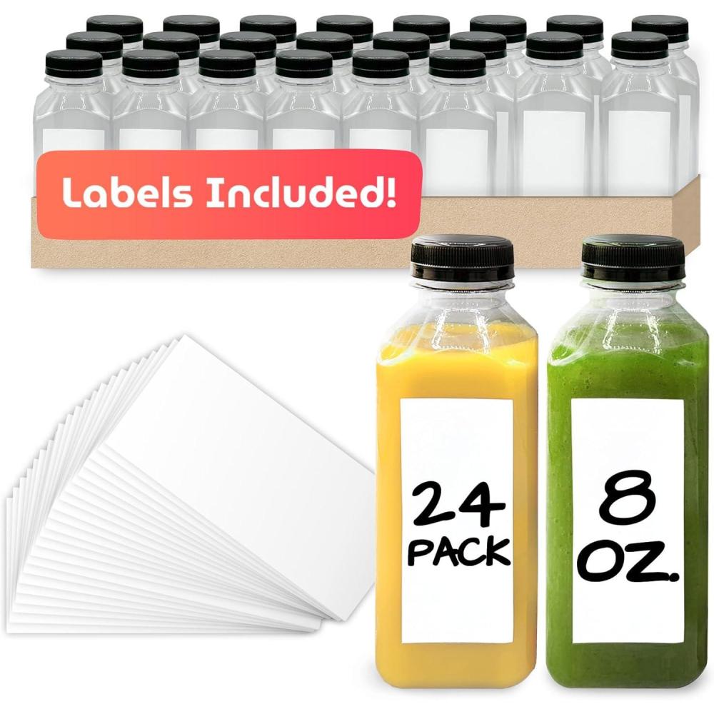 image:imageReli Plastic Juice Bottles 24 Pack 8 oz Square Plastic Juice Bottles with Caps amp Sticker Labels  Clear Empty for Juicing 8oz  Disposable Reusable Containers for Juicing Smoothies