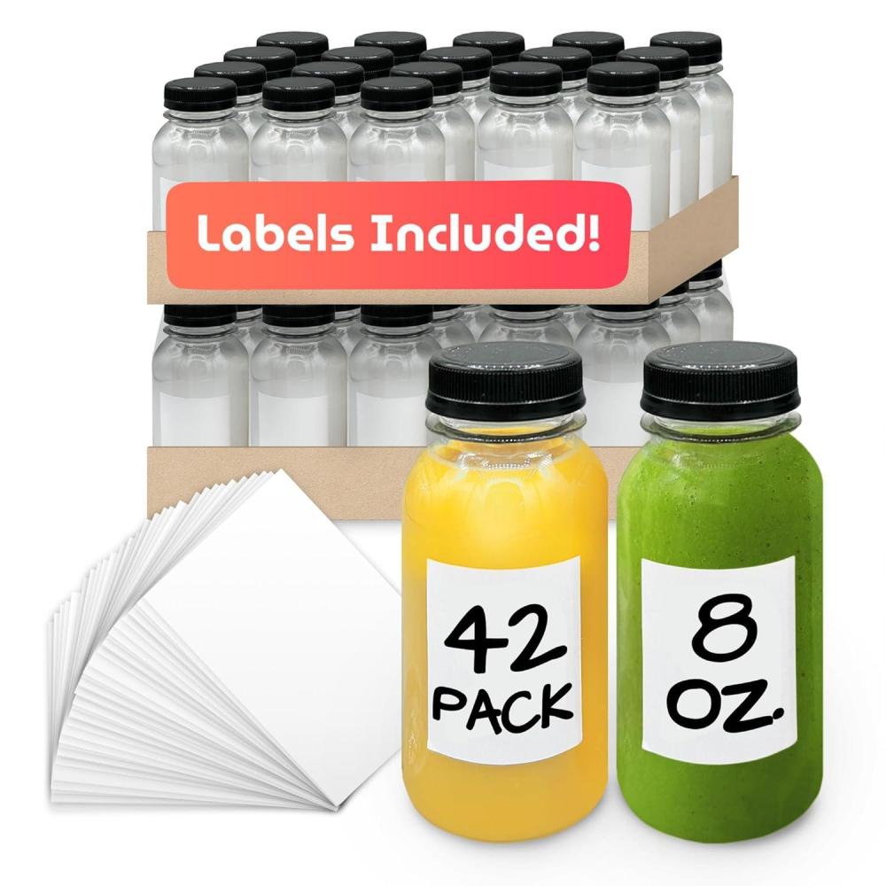 image:imageReli Plastic Juice Bottles 42 Pack Bulk 8 oz Round Plastic Juice Bottles with Caps amp Sticker Labels  Clear Empty for Juicing 8oz  Disposable Reusable Containers for Juicing Smoothies