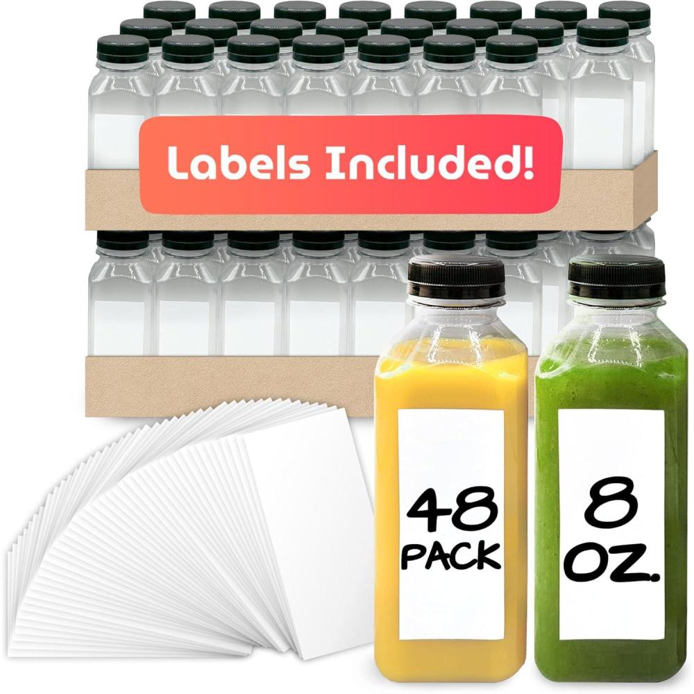 image:imageReli Plastic Juice Bottles 48 Bulk Pack 8 oz Square Plastic Juice Bottles with Caps amp Sticker Labels  Clear Empty for Juicing 8oz  Disposable Reusable Containers for Juicing Smoothies48