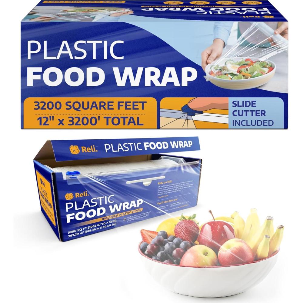 image:imageReli Plastic Wrap for Food 12 x 3200 SQ FT  Bulk Roll Cling Wrap with Slide Cutter  Clear Kitchen Use Plastic WrapCling Film for Food Service  Microwave Safe12 x 3200