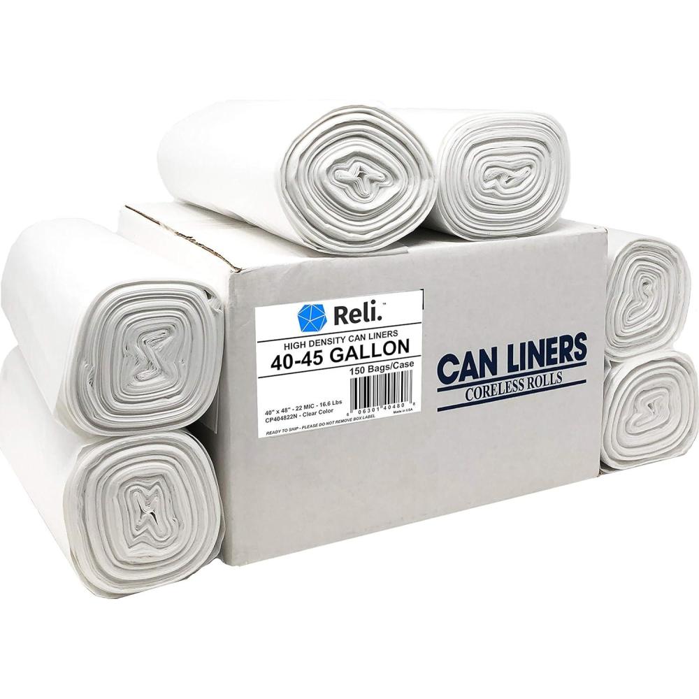 image:imageReli Premium 4045 Gallon Trash Bags 150 Count Made in USA Heavy Duty Bulk SuperValue Clear MultiUse Garbage Bags