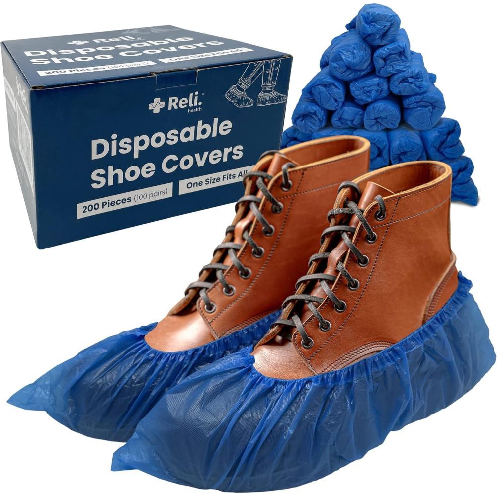 image:imageReli Shoe Covers Disposable  200 Pack 100 Pairs  One Size Fits All  Non Slip Disposable Shoe Covers for Indoors  Disposable Booties Shoe Protector  Waterproof Plastic Single Use  Blue
