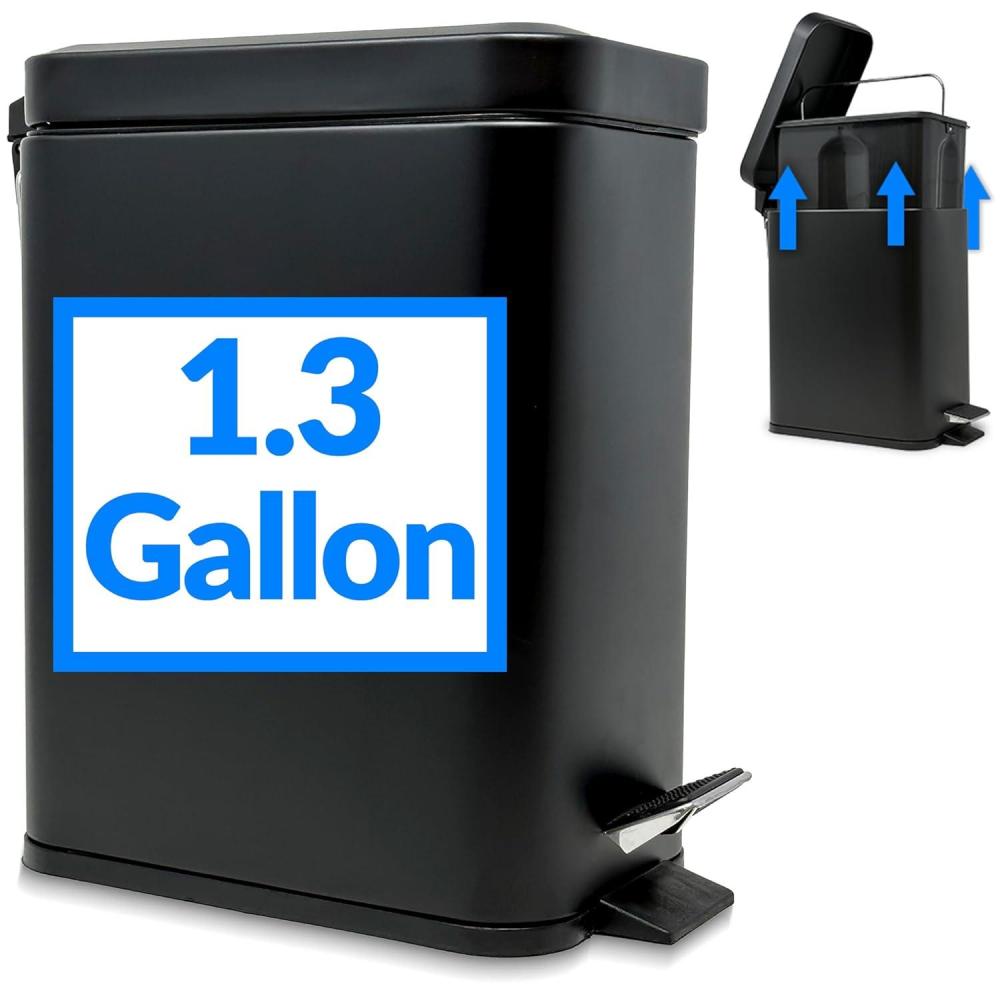 image:imageReli Small Trash Can with Lid 13 Gallon 5 Liter  Stainless Steel Matte Black  Small Bathroom Trash Can  Step Pedal Garbage Bin with Removable Bucket Kitchen  Rectangular Metal Bin