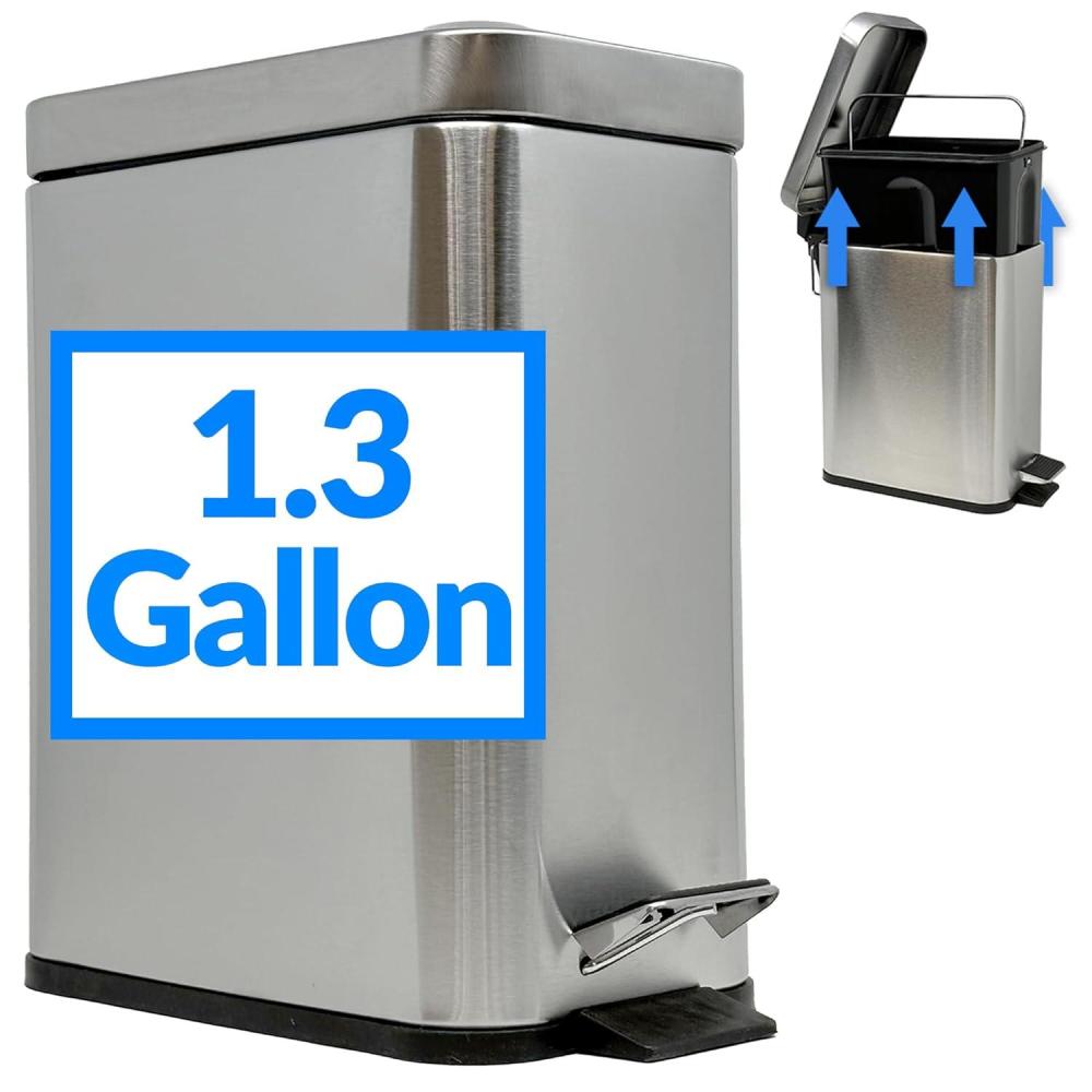 image:imageReli Small Trash Can with Lid 13 Gallon 5 Liter  Stainless Steel Silver  Small Bathroom Trash Can  Step Pedal Garbage Bin with Removable Bucket Kitchen  Rectangular Metal Bin
