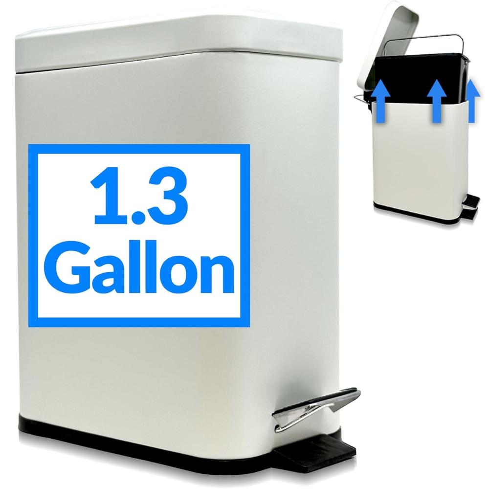 image:imageReli Small Trash Can with Lid 13 Gallon 5 Liter  Stainless Steel White  Small Bathroom Trash Can  Step Pedal Garbage Bin with Removable Bucket Kitchen  Rectangular Metal Bin