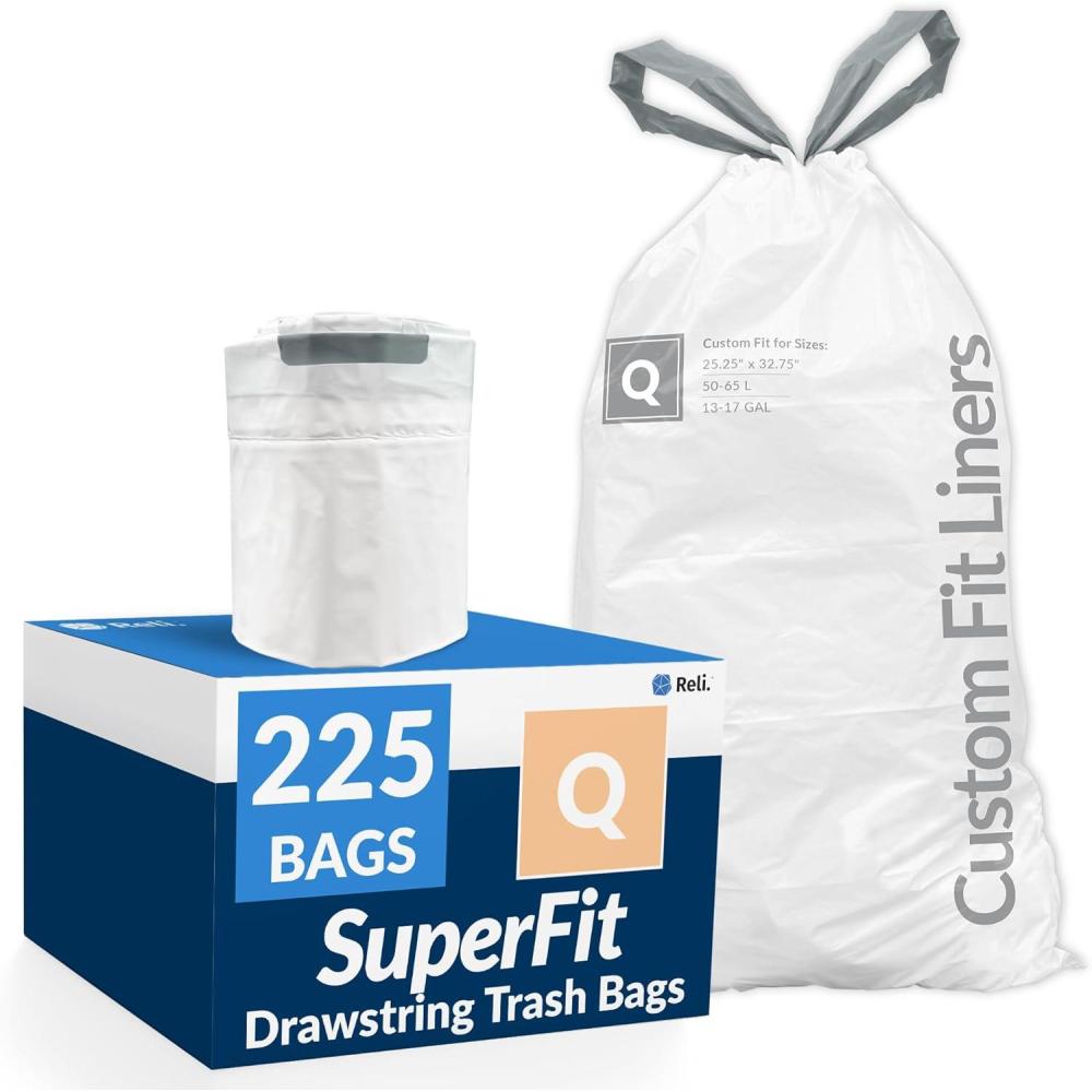 image:imageReli SuperFit Code Q 225 Count  Compatible with Simplehuman Code Q  Custom Fit Liners  Drawstring Trash Bags  5065 Liter  1317 Gallon  White  Roll Pack