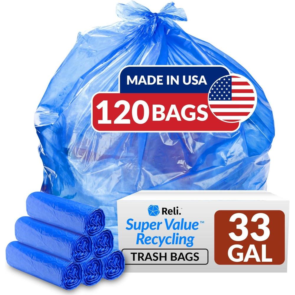 image:imageReli SuperValue 33 Gallon Recycling Bags 120 Count Made in the USA Blue Trash Bags 3033 Gallon Recycling Garbage 33Gal with 30Gal 35Gal Capacity