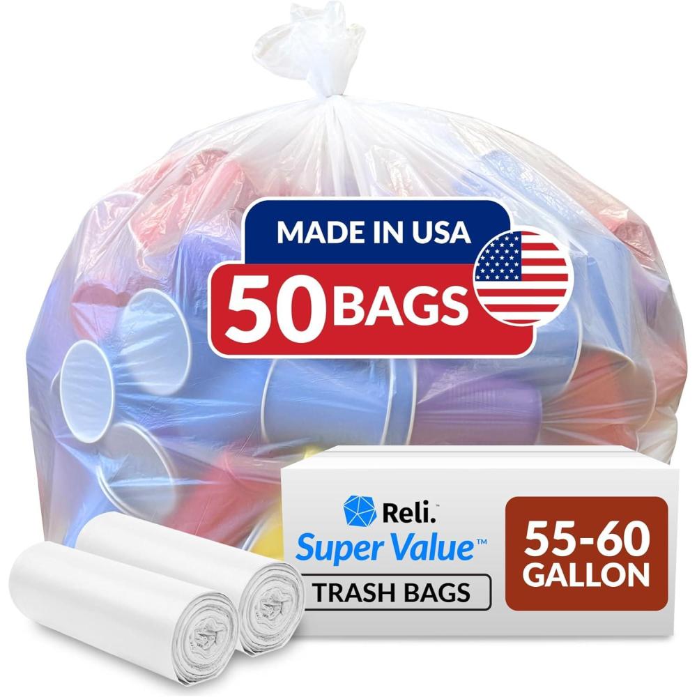 image:imageReli SuperValue 5560 Gallon Trash Bags  50 Count  Made in USA  Heavy Duty  Clear MultiUse Garbage Bags