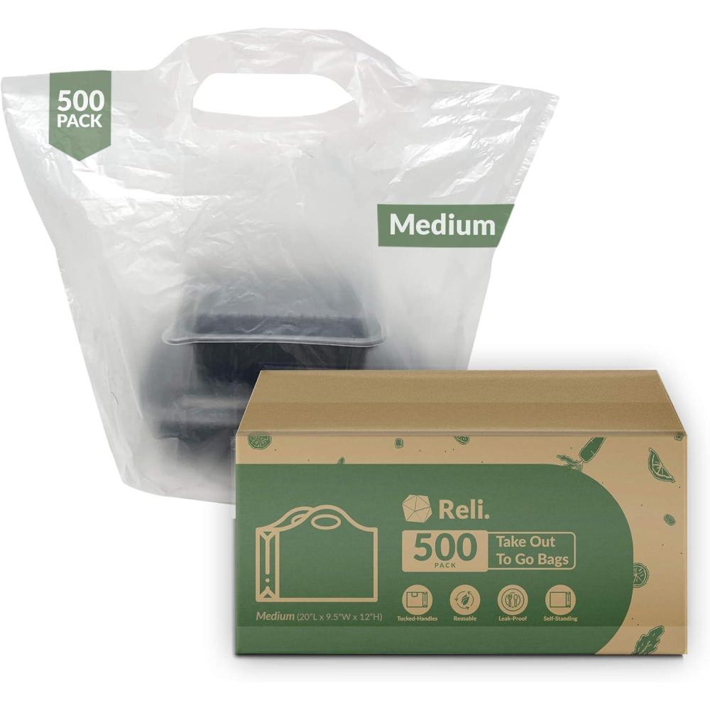 image:imageReli Take OutTo Go Bags 500 Count Bulk Medium 20 L x 95 W x 12 H White Carry Out Shopping Bag Die Cut Handle Square Bottom Reusable  Food Service Restaurant Catering Delivery