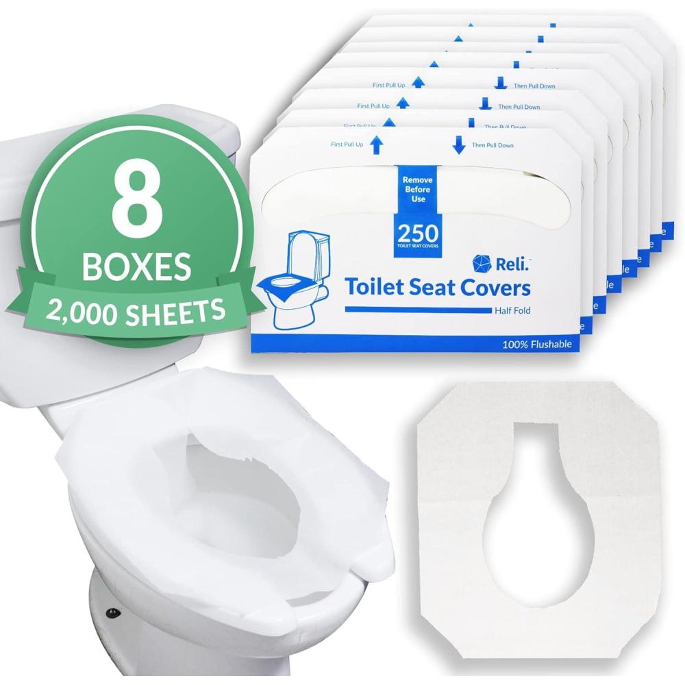 image:imageReli Toilet Seat Covers 2000 Pcs 8 Packs of 250 Disposable Toilet Seat Cover Flushable 14x16 HalfFold Paper Liners for Restroom Bathroom Travel Camping Kids Potty Training