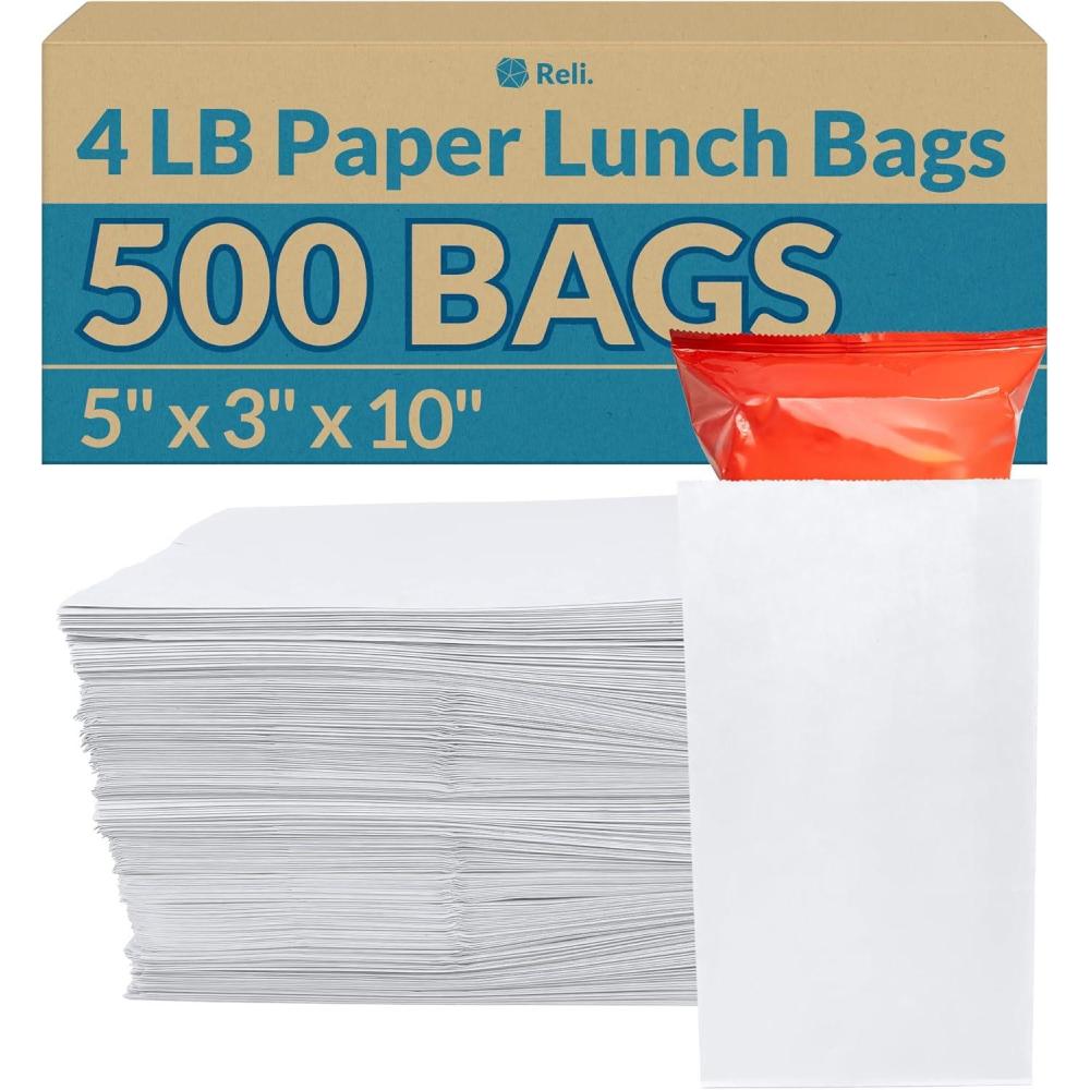 image:imageReli White Paper Bags 500 Count Paper Lunch Bags Ideal for Small Lunches and Crafts Perfect for Sandwiches and Snacks4 LB White 500 Pack
