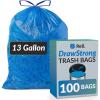 Reli. 13 Gallon Trash Bags Drawstring (100 Count) | Tall Kitchen Garbage Bags, Unscented | Ideal for Kitchen, Home | Blue Recycling Can Liners w/Drawstring