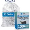 Reli. 30 Gallon Trash Bags Drawstring (100 Count), Clear | Strong, Large Garbage Bags 30 Gallon | Unscented, Drawstrings | Recycling Can Liners