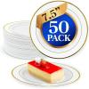 Reli. 50 Pcs Plastic Dessert Plates, Disposable (7.5 inch, White w/Gold Rim) | Small Plates for Party, Heavy Duty | Hard Plastic, for Dessert, Wedding, Birthday, Salad/Appetizer (7.5″)(7.5″)