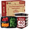 Reli. Meal Prep Containers, 32 oz. | 40 Pack | 3 Compartment Food Container w/Lids | Microwavable Food Storage, To Go | Black Reusable Bento Box/Lunch Box for Meal Prep