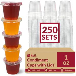 Reli. 1 oz Small Containers with Lids (250 Sets) | Jello Shot Cups with Lids | Clear Plastic Condiment Containers | Portion Cups, Sauce, Souffle | Stackable | Bulk