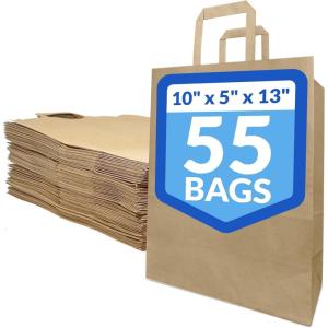 Reli. 10x5x13 in. Brown Paper Bags with Handles | 55 Pack | Kraft Paper Shopping Bags with Flat Handles | Ideal for Gifts, Retail, Shopping, Merchandise, Take Out/To Go, Party, Crafts