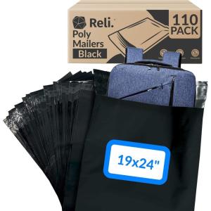 Reli. (110 Pcs) Poly Mailers 19×24″, Black | Large Shipping Bags for Small Business | Mailing Bags for Shipping | Packaging for Clothing | Non-Padded Envelopes/Polybags, Self Sealing