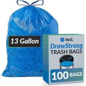 Reli. 13 Gallon Trash Bags Drawstring (100 Count) | Tall Kitchen Garbage Bags, Unscented | Ideal for Kitchen, Home | Blue Recycling Can Liners w/Drawstring