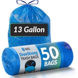 Reli. 13 Gallon Trash Bags Drawstring (50 Count) | Tall Kitchen Garbage Bags, Unscented | Ideal for Kitchen, Home | Blue Recycling Can Liners w/Drawstring