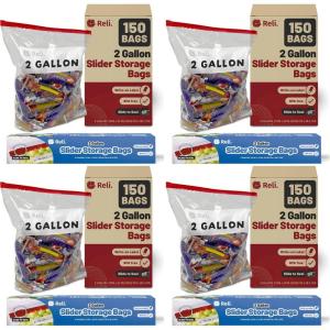 Reli. 2 Gallon Slider Bags (150 Count) 13×15 inch Jumbo Food Storage Bags, 2 Gallon | Slider, Write on Label | Bulk 2Gal Sliding Storage | Extra Large Clear w/Red Sliding Closure for Food(2 Gallons (13×15 inch) (Pack of 4))
