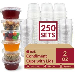 Reli. 2 oz Small Containers with Lids (250 Sets) | Jello Shot Cups with Lids | Clear Plastic Condiment Containers | Portion Cups, Sauce, Souffle | Stackable | Bulk