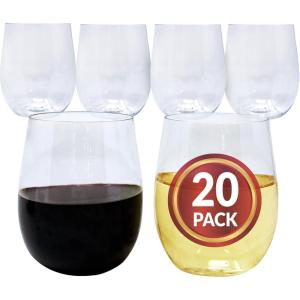 Reli. (20 Pack Disposable Wine Glasses 12 oz | Stemless Plastic Wine Glasses for Parties | BPA-Free, Shatterproof Plastic | Clear Drinking Party Cups for Cocktails, Whiskey, Wedding