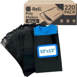 Reli. (220 Pcs) 10×13″ Poly Mailers, Black | Shipping Bags for Clothing, Small Business | Black Poly Bags for Shipping, 10×13 Inch | Mailing/Packaging | Non-Padded Shipment Envelopes Self Sealing(220)