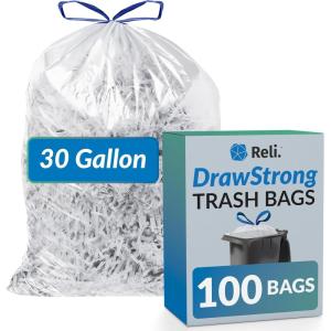 Reli. 30 Gallon Trash Bags Drawstring (100 Count), Clear | Strong, Large Garbage Bags 30 Gallon | Unscented, Drawstrings | Recycling Can Liners