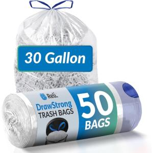 Reli. 30 Gallon Trash Bags Drawstring (50 Count), Clear | Strong, Large Garbage Bags 30 Gallon | Unscented, Drawstrings | Recycling Can Liners