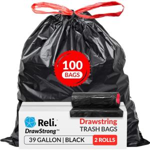 Reli. 39 Gallon Trash Bags Drawstring (100 Count) Large 39 Gallon Heavy Duty Drawstring Trash Bags, Garbage 39Gal Capacity, Lawn Leaf (39Gal, Black)(1 Count (Pack of 100))